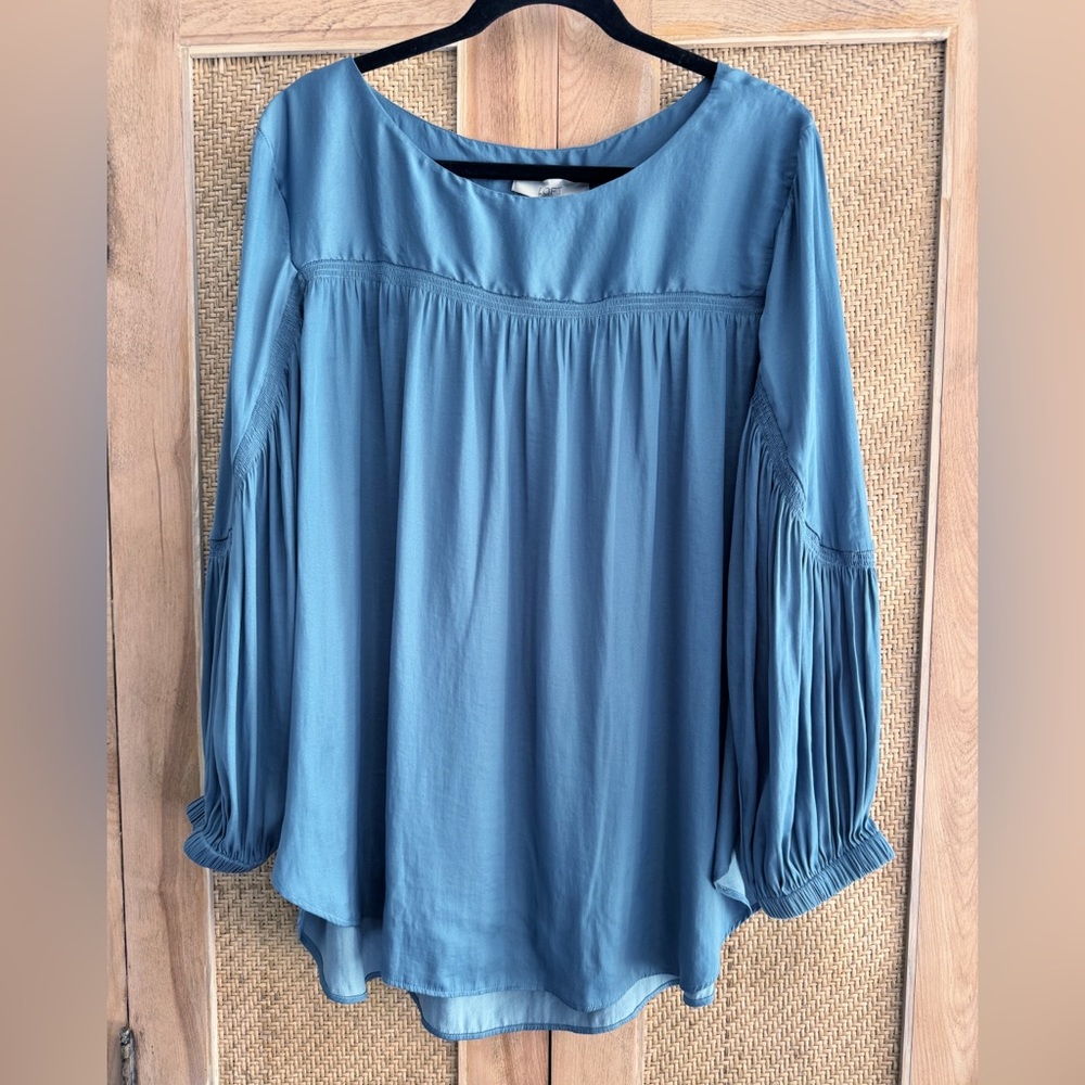 LOFT Boho Lantern Sleeve Flowy Airy Blouse Oversized Size XL Blue Top